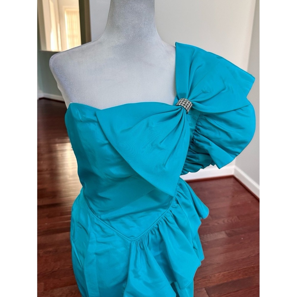 USA Vintage Y2K 2000s Climax Karen Okada One Shoulder Blue Cocktail Mini Dress - Picture 6 of 8
